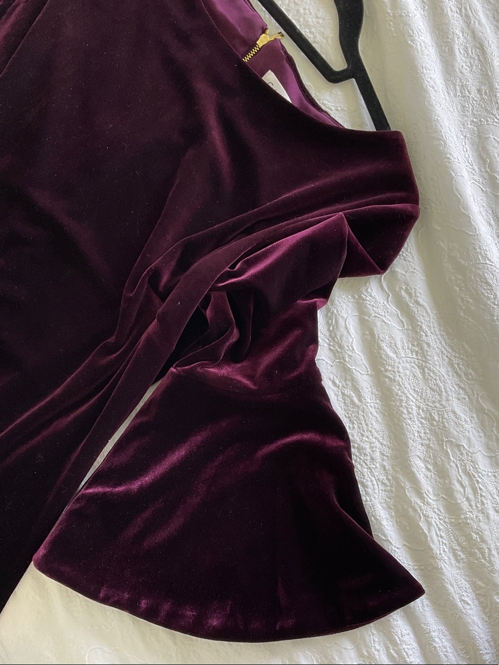 Calvin Klein Burgundy Velvet Midi Dress with Bell Sleeves